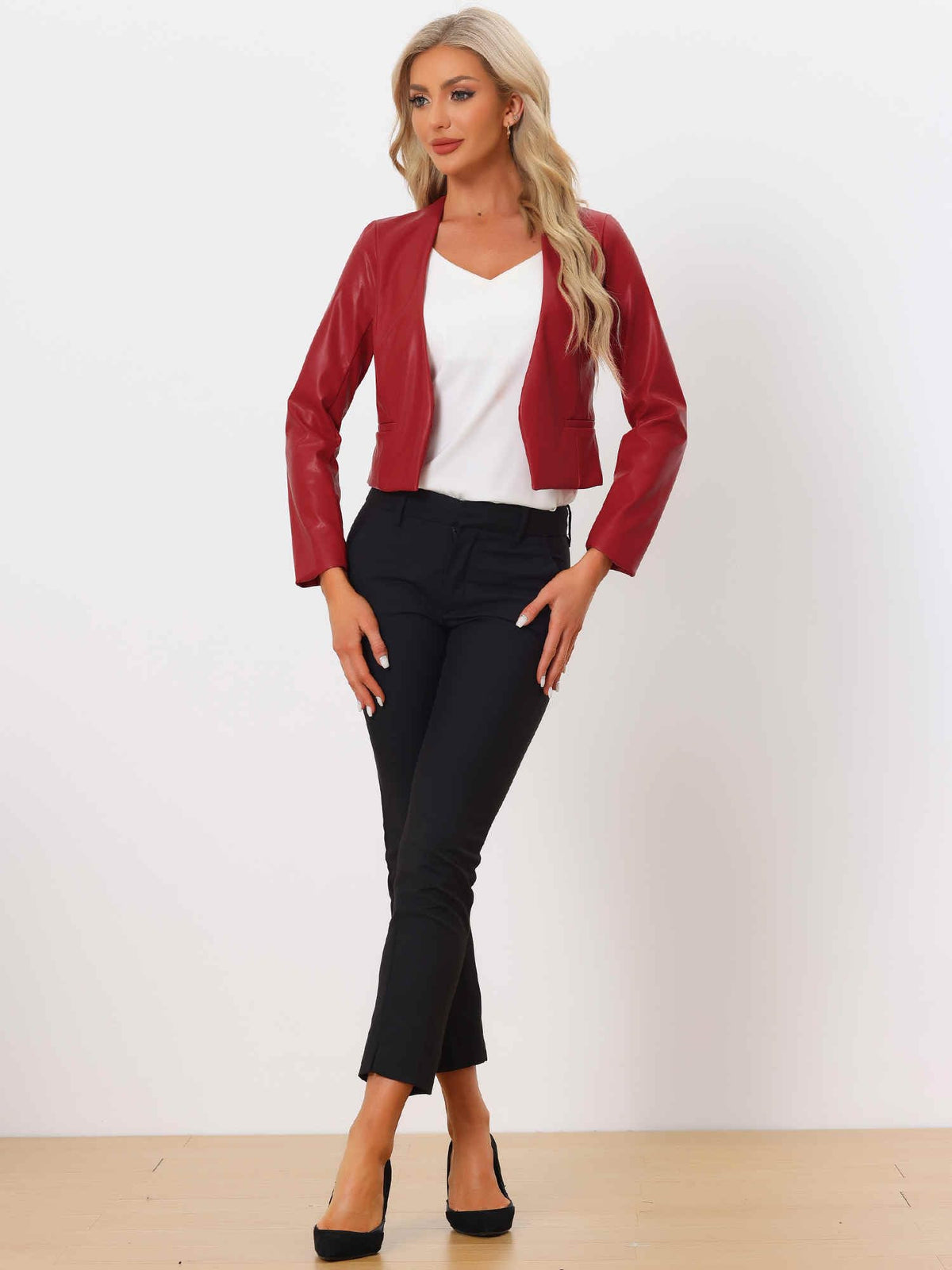 Allegra K Women Faux Collarless Open Front Crop PU Leather Moto Jacket