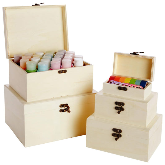 Juvale 5 Pack Unfinished Wood Boxes for Crafts with Hinged Lids - Assorted 5 Sizes 4.7-9.5 in - Paintable Craft & Storage Boxes to Paint - Versatile Pine for Decoupage & DIY Decoration