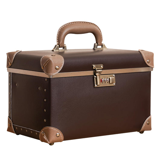 urecity Retro Vintage Makeup Train Case, Brown Artificial Leather, Professional Cosmetic Organizer with Combination Lock, Striped Interior