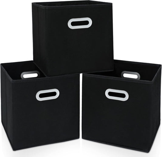 Skiennix Fabric Storage Bins - Foldable Cube Organizer with Dual Handles | Set of 3, Black