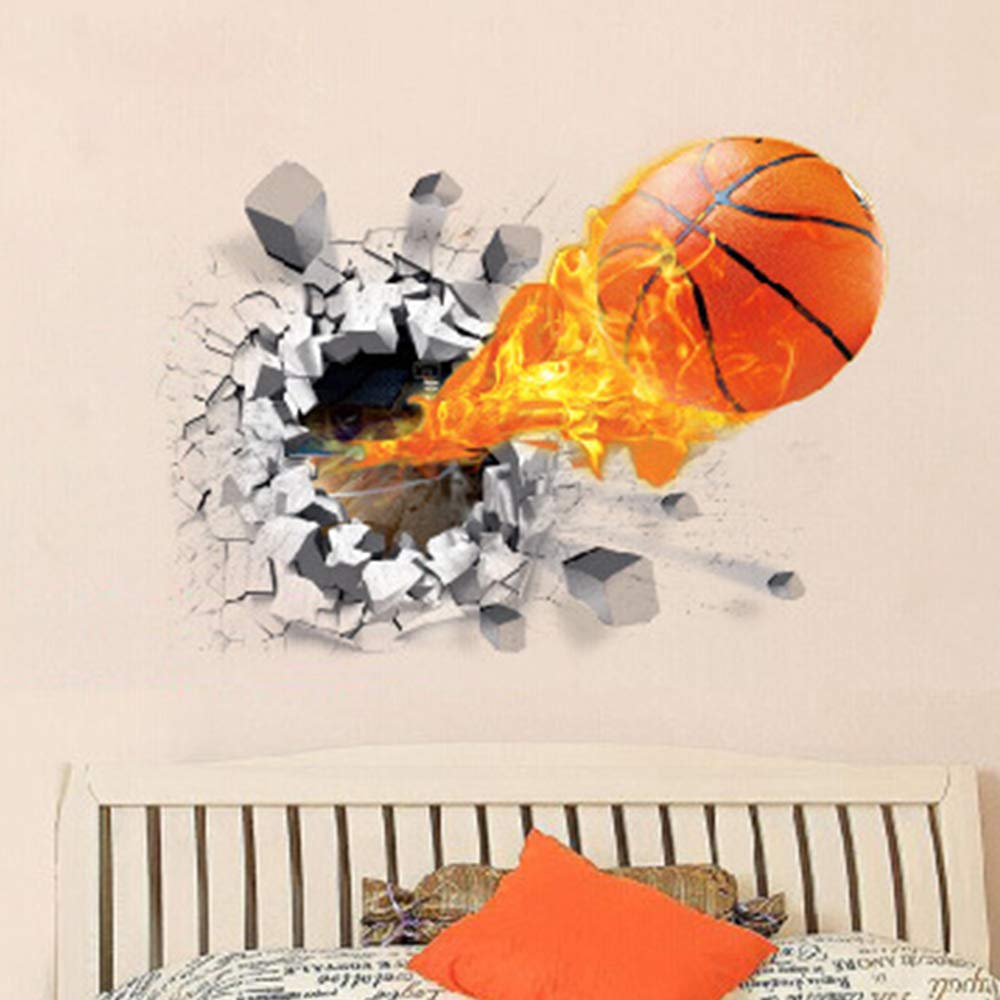 Supzone 3D Basketball Wall Sticker - Self-Adhesive Breakthrough Fireball Decor, Vinyl Removable Flying Basketball Art for Kids Bedroom Playroom Mural