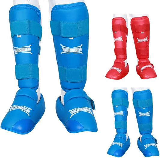 Twister WKF Karate Shin Guards | Taekwondo Shin-N-Step | Detachable Shin Guards with Foot Protection | Premium Quality Leg & Foot Protection for Karate, Taewkondo, Muay Thai, and MMA