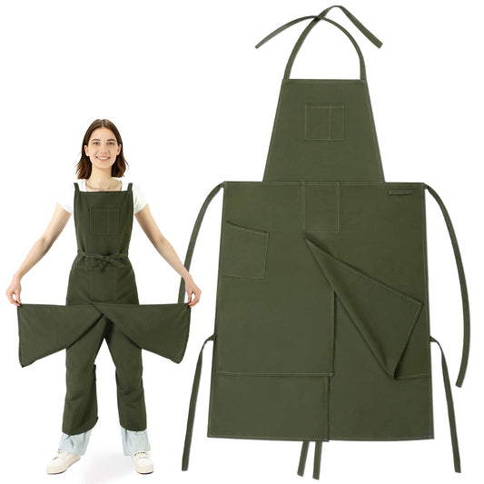 Jeyiour Split Leg Pottery Apron, 2 Layer DIY Ceramic Apron with Convertible Pants, Large Pockets Towel Loop Smock for Unisex(Green)