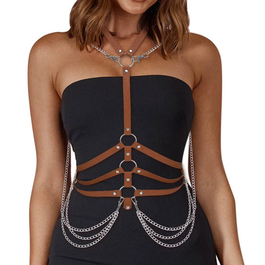 BODIY Fashion Harness Belt Plus Size Harness Waist Belts Punk Leather Body Harness for Women (Brown)