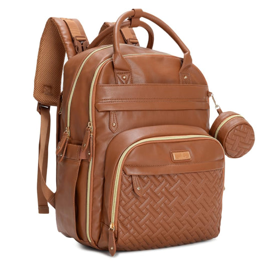 BabbleRoo Leather Diaper Bag Backpack - Baby Essentials Travel Baby Bag, Multi function, Water Resistant, with Changing Pad, Stroller Straps & Pacifier Case – Unisex, Natural Brown