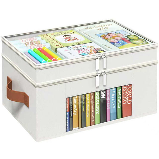 Foyego 18 QT Craft Organizers and Storage Box with Transparent Cover and Leather Handles, 2-Layer Art Supply Organizer for Crayon, Coloring Books, Modeling Clay, Molds and Sewing, Beige