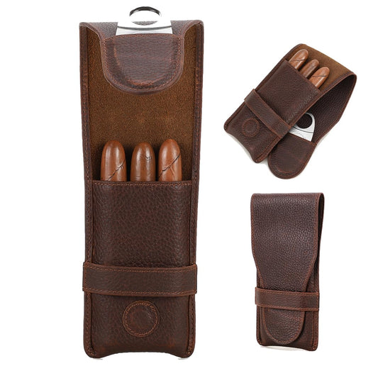 CONTACTS Full Grain Leather Small Cigar Case Travel 3 Slot Cigars Humidor Pouch Portable Cigar Accessories Organizer with Cigar Cutter Slot by Handmade