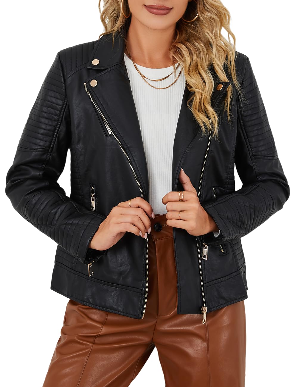 Bellivera Women's Faux Leather Casual Jacket 2026 Spring Trendy Motorcycle Outfits Lightweight Classic Coat 53 Black XL