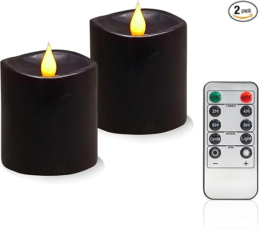 Black Flameless LED Candles 3 inch Diameter Real Wax 2AA Battery Operated 600hr+ Flickering Candles with Timer Remote Control for Halloween Thanksgiving Christmas Indoor (Black, 3″×3″- 2 PCS)