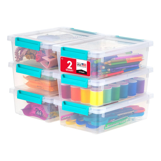 IRIS USA 2 Qt. Craft Storage Bins with Lids, 6-Pack, |Made in USA|, Clip Box, Small Plastic Sensory Bin Tote Organizer Containers for Art Supplies, Paper, & Office, Stackable - Clear/Seafoam Blue