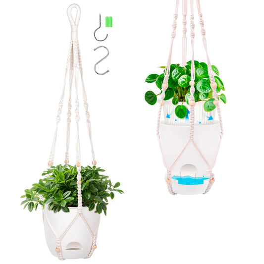 2-Pack 5.7-Inch Self-Watering Hanging Planters for Indoor & Outdoor Plants,34Inch Macrame Hanger Plant Pots Indoor with Drainage,Small Hanging Planters & Baskets,With Two Sets of Hooks（Pure white）