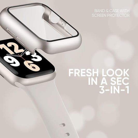 Compatible for Apple Watch Band 40mm 41mm and Case with Screen Protector, Soft Silicone Sport Strap Bands and Protective Cover with Tempered Glass for iWatch Series 9 8 7 SE 6 5 4