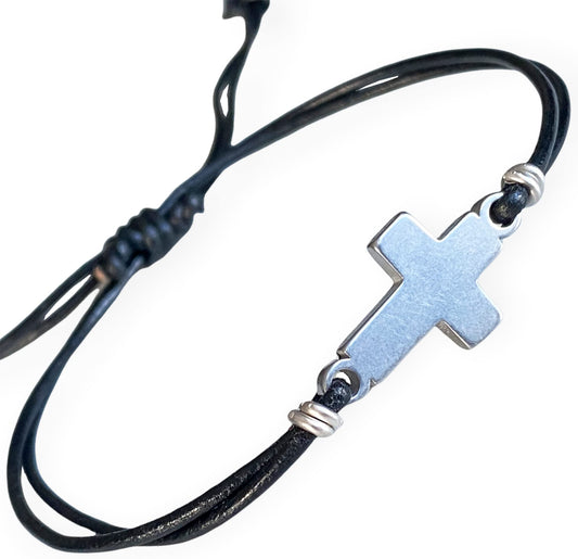 BeGenuine Store Mens Cross Bracelet Genuine Leather and Stainless Steel Sideways Cross Charm Adjustable Unisex Model