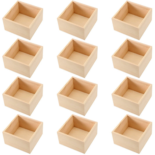 SINJEUN 12 Pack 4" x 4" Rustic Wooden Box Unfinished Small Wooden Box Wood Square Organizer Container for Crafts, Storage, Home Decor, Centerpiece, Party Supplies
