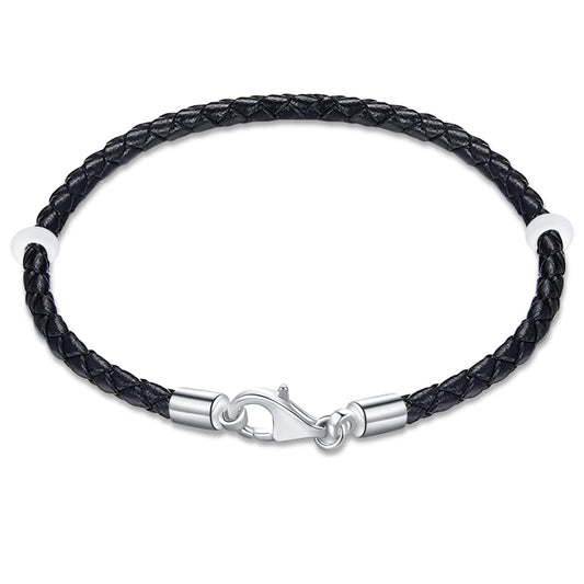 19cm Black Braided Leather Rope Bracelet with 925 Silver Lobster Claw Clasp, Handmade Woven Leather Bracelet fit Pandora Charms Beads, for Valentines Day Making Beads Bracelet Bangle