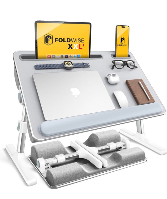 FoldWise 2-in-1 Lap & Bed Desk with Soft Cushions - Adjustable Height & Angle, Foldable Laptop Stand for Bed & Couch - Wrist Rest, iPad Holder, Stopper & Non-Slip Leather - Bed Table for Adults & Kids
