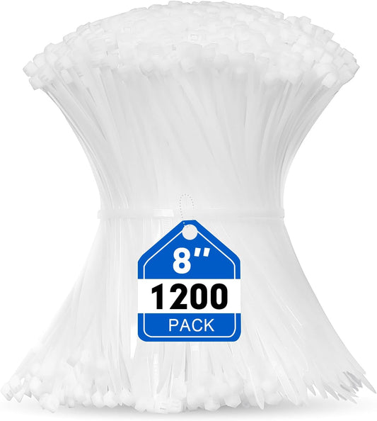 1200pcs 8 Inch, 50lb Zip Ties, RAZCC Cable Zip Ties Heavy Duty White Plastic Wire Ties with Tensile Strength