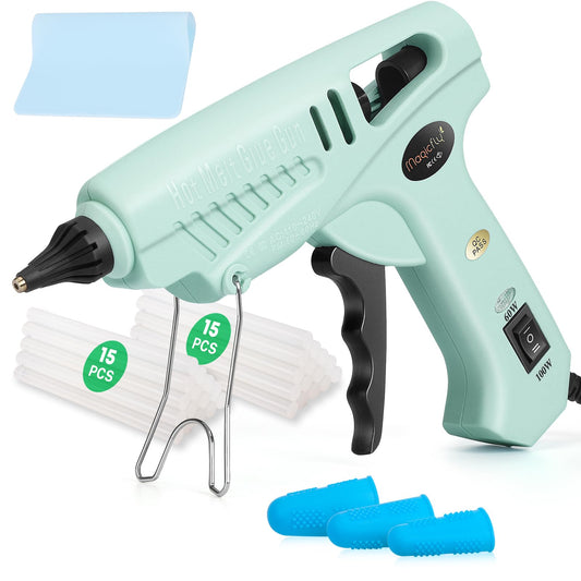 Magicfly 60/100W Hot Glue Gun Full Size with 30 Pcs Hot Glue Sticks (0.43 X 5.9 inch), Dual Power High Temp Melt Glue Gun Kit with Finger Caps, Mat for Arts Craft, Household, Green