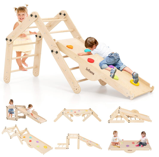 INFANS 12 in 1 Climbing Toys for Toddlers, Upgrade Wooden Montessori Foldable Triangle Climber Set with Reversible Ramp Slide Ladder Seesaw, Indoor Pikler Climb Activity Jungle for Kids Age 3+