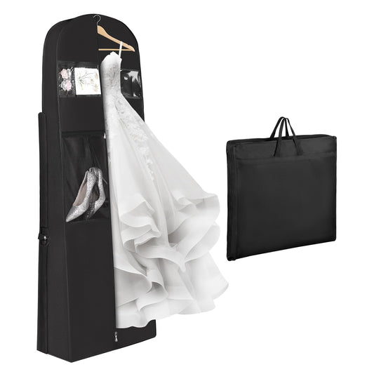 Univivi Wedding Dress Travel Bag for Airplane, Extra Long Wedding Gown Garment Bag with Accessory Pockets, 72 Inch Trifold Heavy Duty Dress Bags for Gowns for Travel and Closet Storage (Black)