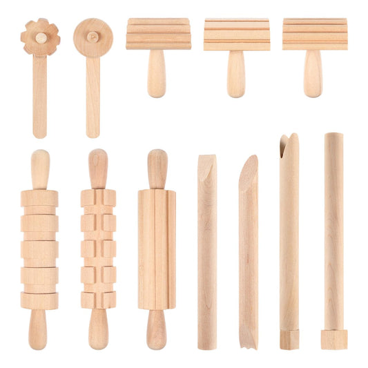 Kisangel Wooden Play Dough Tools Set of 12 for Kids - Pottery Texture Rollers & Clay Stamps - Natural Wood Sculpting & Molding Toys for Toddlers Arts and Crafts