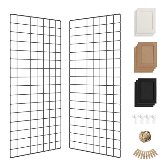Wall Photo Grid Shelf, Wall Hanging Ins Art Display Grid Panel for Decor & Storage, Metal Wire Notice Boards & Memo Board, Mesh Tool Organiser, Wall Photo Frame 2 Pcs (Black, 15.7 x 31.5 inches)