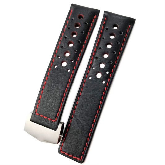 CZKE 21/22mm Leather Calfskin Watch Band Suitable for TAG Heuer Monaco Carrera AUTAVIA Aquaracer 300 Black Red F1 Cowhide Strap (Color : Black red- Silver, Size : 21mm)