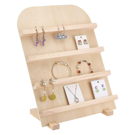 PH PandaHall 4-Tier Wooden Jewelry Display Stand Earring Card Displays Tower Bracelets Stands Rack Craft Fairs Showcase Holder with Slots for Selling Retail Jewelry Showing Exhibition Storage