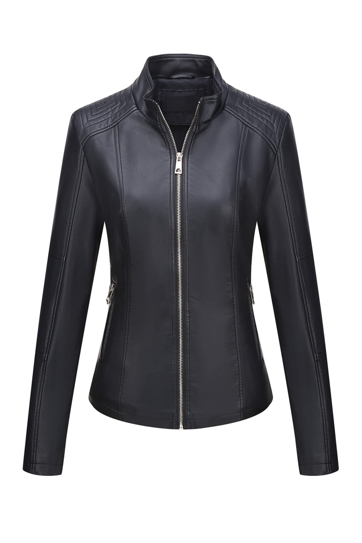 Bellivera Faux Leather Women Motorcycle Stand Collar Jacket Black L