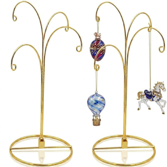 HOHIYA Ornament Display Stand 12 Inch 4-Arm Metal Holder for Christmas Ornaments Glass and Crystal Ball Decorations Art Craft Hanging Hanger Brass Gold 2 Pack