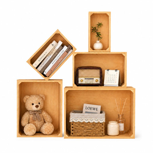 BOY MCOWBOY Nesting Wooden Storage Crates 5 Pack - Stackable Wood Crates Rustic Farmhouse with Handles, Wooden Crates for Display for Kitchen, Wedding, Party, Farmers Market, Retail Store