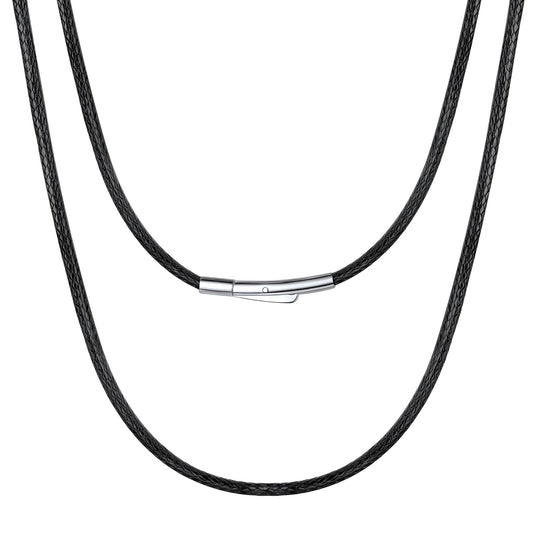 Bestyle 2MM Black Leather Necklace for Men Women,Waterproof Wax Woven Rope Chain with Stainless Steel Clasp, Leather Cord Necklace for Pendants 16"