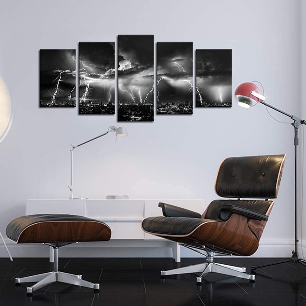 Biuteawal - Black and White Wall Art Nature Lightning Strikes in The Clouds Painting on Canvas Storm and City Night View Picture Print for Home Office Living Room Decoration Wall Decor