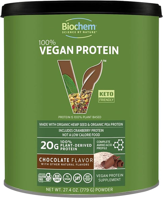 Biochem 100% Vegan Protein, Natural Amino Acids, Gluten Free, Keto, Non Whey, Pea & Hemp Protein Powder for Women and Men, 24 Servings 2 LB (Chocolate)