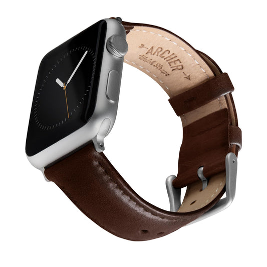 Archer Watch Straps - Top Grain Leather Straps for Apple Watch (Dark Chestnut/Matched Thread, Matte Silver Hardware, 44/45/46/49mm)