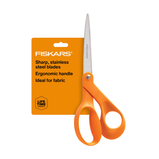 Fiskars 8" Original Orange-Handled Stainless Steel Scissors, Ergonomic and Keeps Material Flat, Sharp All-Purpose Paper and Fabric Scissors for Office, Arts, and Crafts