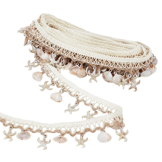 PH PandaHall 5 Yards 1-1/2 Inch Shell Fringe Trim Starfish & Shell Charms Boho Lace Ribbon Ethnic Style Craft Ribbon Fringes Trim with Shells for Clothing Lampshade Curtain Home Beach Party Decor