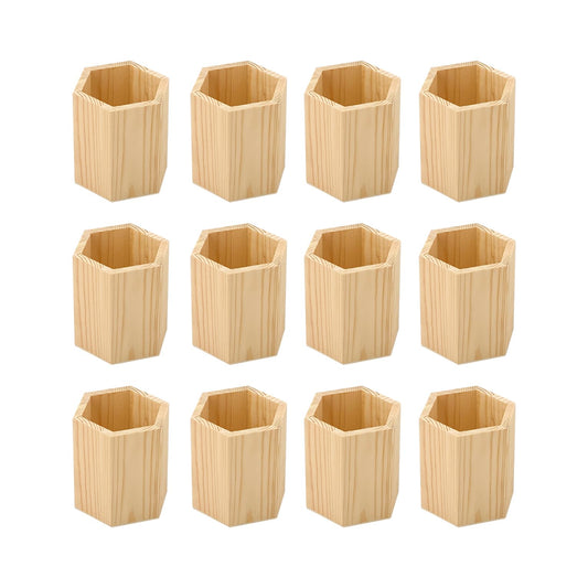 Cregugua 12 Pieces 4 Inch Wooden Pen Holder Hexagon shaped Unfinished Wood Pencil Holder for DIY Crafts (3x3x4 Inches)