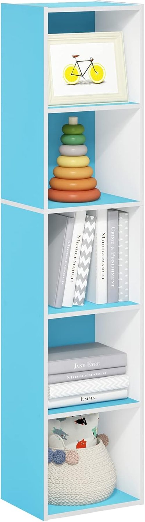 Furinno PASIR 5-Tier Modern Bookshelf - Easy Assembly Open Shelves Bookcase | Light Blue/White, 9 x 12 x 52