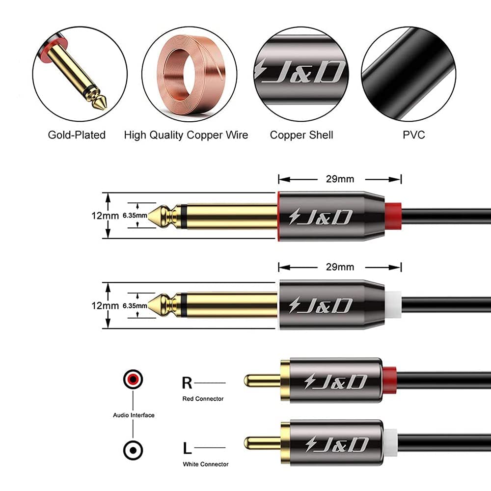 1/4 2X6.35mm 25 J&D to RCA Cable, Gold Plated Copper Shell Heavy Duty TS to Dual RCA Stereo Audio Interconnect Cord