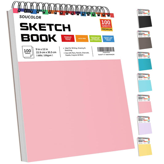 Soucolor Cute Sketchbook 9" x 12" for Women, 1-Pack 100 Sheets Spiral Notebook Drawing Pad, Pastel Art Supplies for Artists, Arts and Crafts Gifts Set for Adults