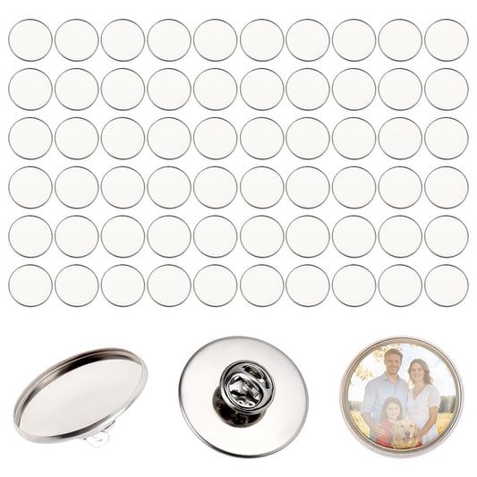 FINGERINSPIRE 60Sets Stainless Steel Color Brooch Base Butterfly Pin Backs DIY Blank Brooch Making Kit 304 Stainless Steel Material 25mm in Diameter Flat Round Tray for Craft Jewelry Projects