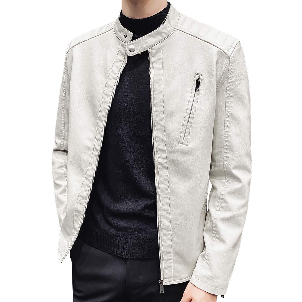 Womleys Mens Casual Stand Collar Slim Fit Faux Leather Jacket Biker Motorcycle Jacket (Ivory, Medium)