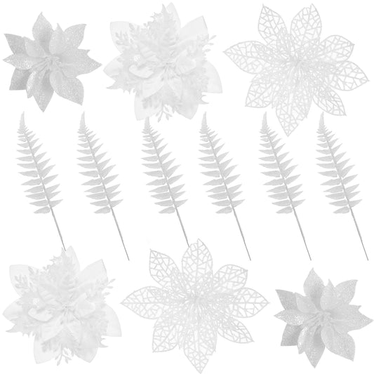30 Pcs 3 Styles Poinsettias Artificial Christmas Flowers Decorations Set, 18 Poinsettia Flowers Artificial with 12 Christmas Tree Picks for Xmas Decor Holiday Party Decorations（White）