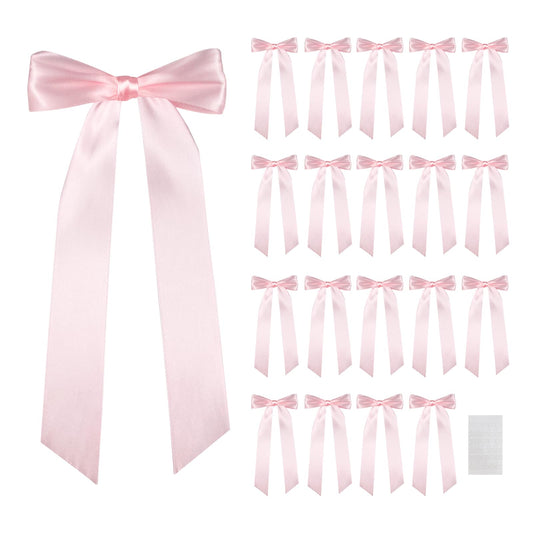 Bestanhoye 20pcs Pink Bow Decor for Girls Women, Self-Adhesive Coquette Pink Satin Ribbon Backdrop, Bows Decorations for Party Crafts Hanging Garland Banner Gift Bag