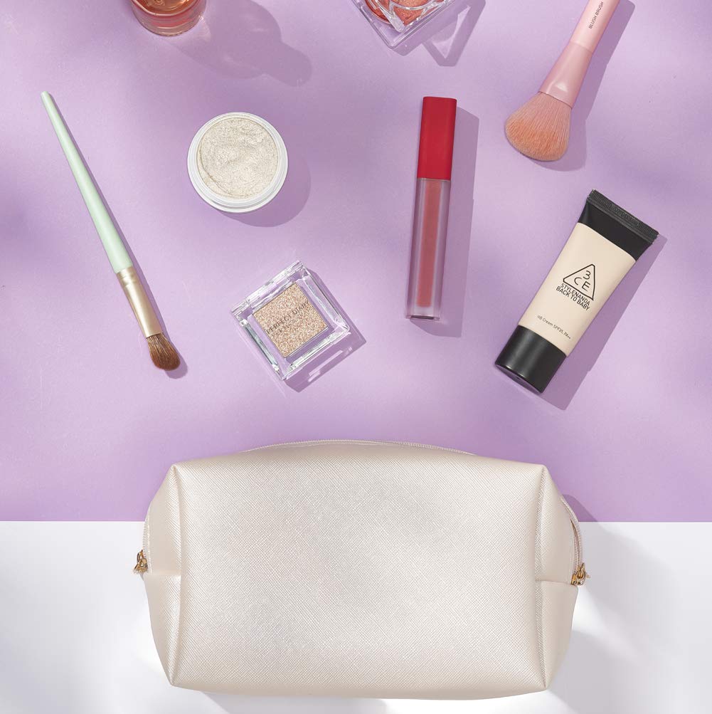 2pcc set PU Leather Cosmetic Bag for Women Minimalism Makeup Bag for Daily Use Portable Storage Purse Small Neat Cosmetic Pouch Water-resistant Toiletry Bag for Travel (Ivory White)