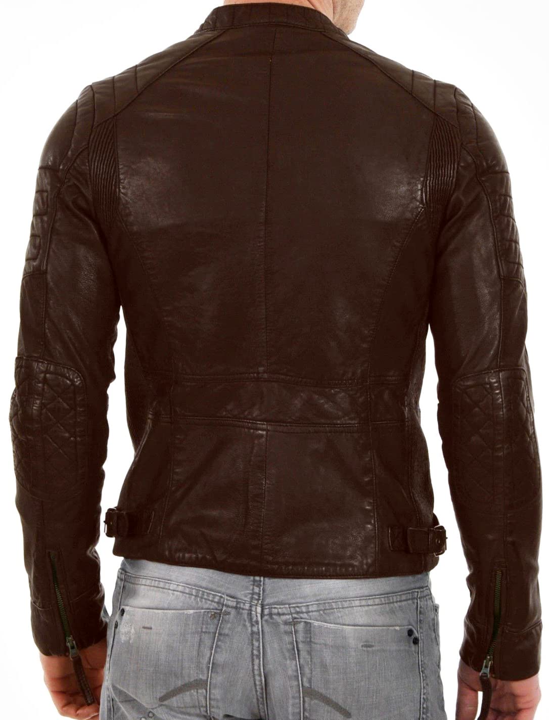 DECIMAL Men's Black & BROWN Genuine Lambskin Leather Biker Jacket VINTAGE REAL MOTORCYCLE JACKETS FOR MEN (L, BROWN)