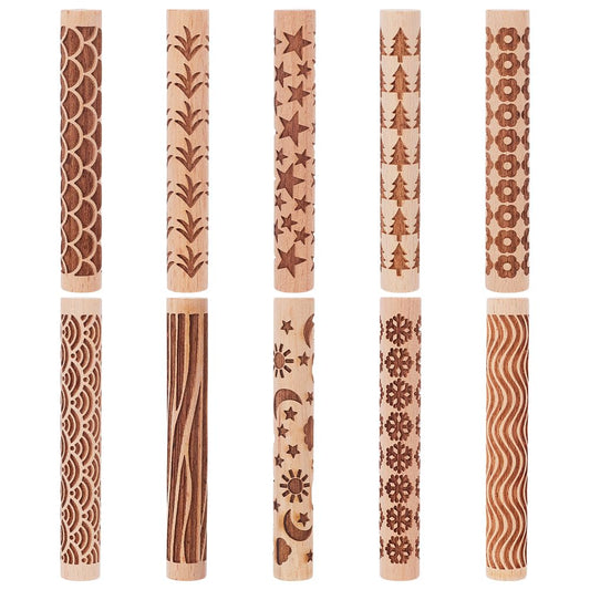 UNICRAFTALE 10Pcs Wooden Clay Texture Rollers Set for Pottery 10 Styles Ceramics Potters Stamp Roller Tools 102mm Textured Rolling Pins Modeling Pattern Rollers Kit for DIY Handmade Art Supplies