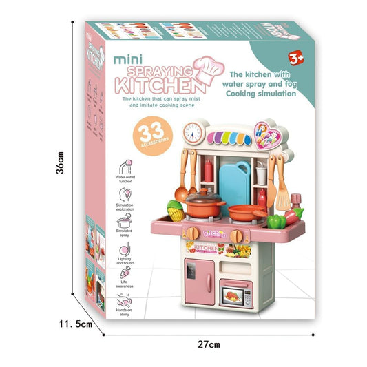 R REVA Cooking Kitchen Set Toy - 33PCS Mini Kitchen Playset for Kids with Water Spray, Light & Sound Effects - Toddler Pretend Play Appliances, Sink & Miniature Food, Educational Gift for Girls & Boys