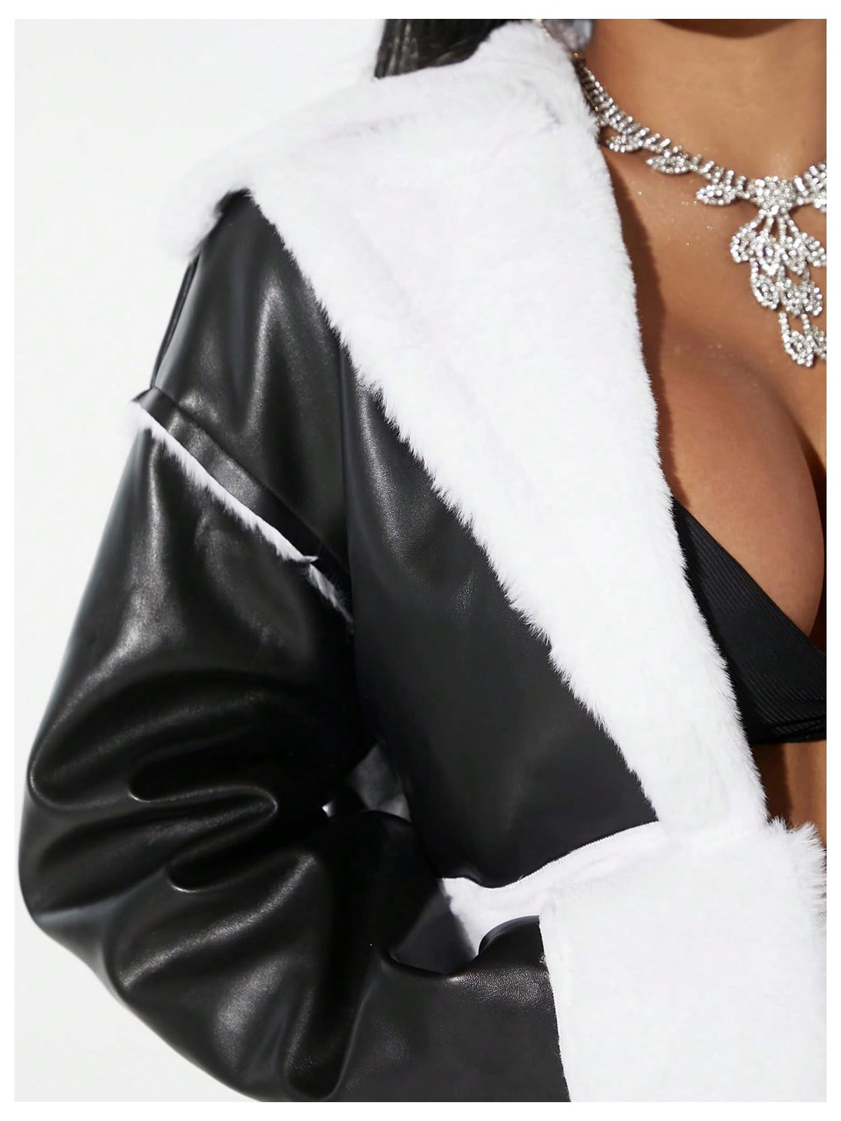 WDIRARA Women's Fuzzy Faux Leather Jacket Open Front Long Sleeve Teddy Cropped Outerwear Black Small